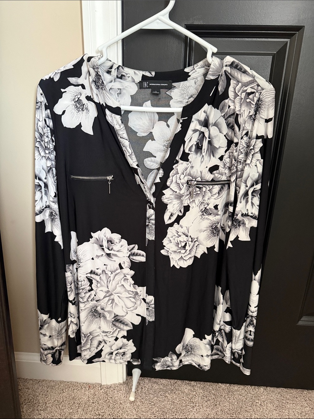 INC International Concepts Black and White Floral Zip-Pocket Blouse